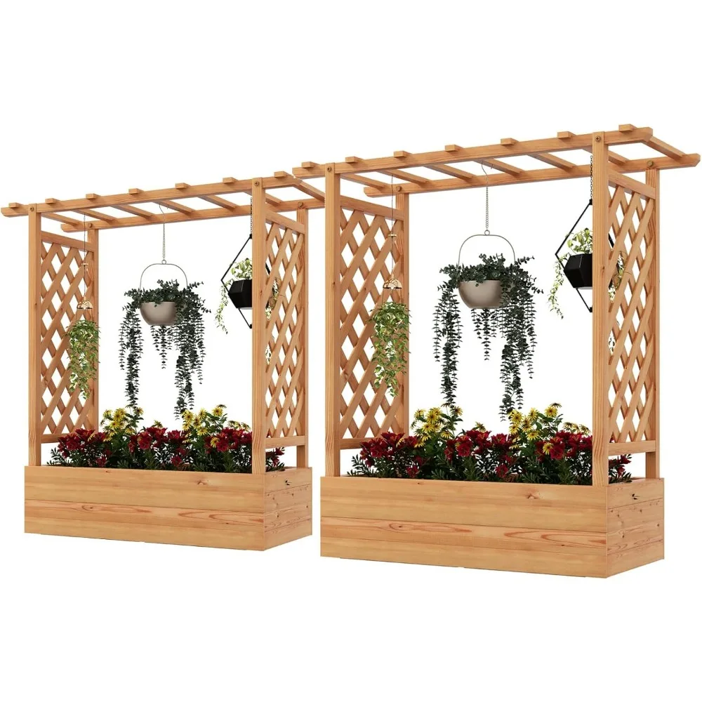 

Raised Garden Bed with Trellis, 2 Pack Freestanding Wood Planter Box w/Hanging Roof & 4 Drainage Holes for Vine Climb