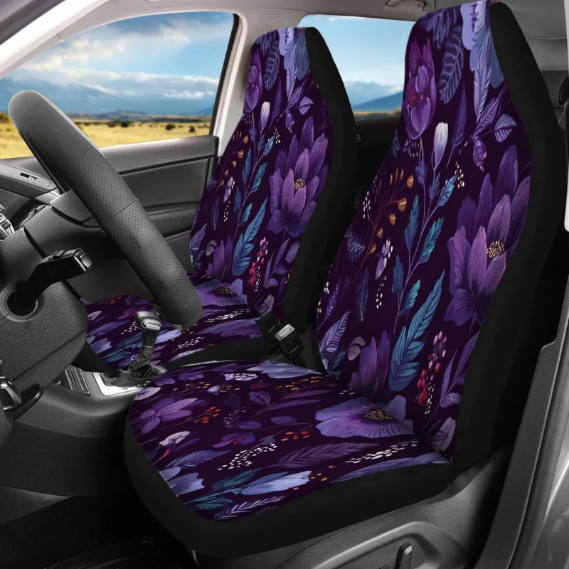 Set Of 2 Front Seat Covers For Cars, Featuring A Purple Floral Design. These Breathable Vehicle Cushions Do Not Have Back Pocket