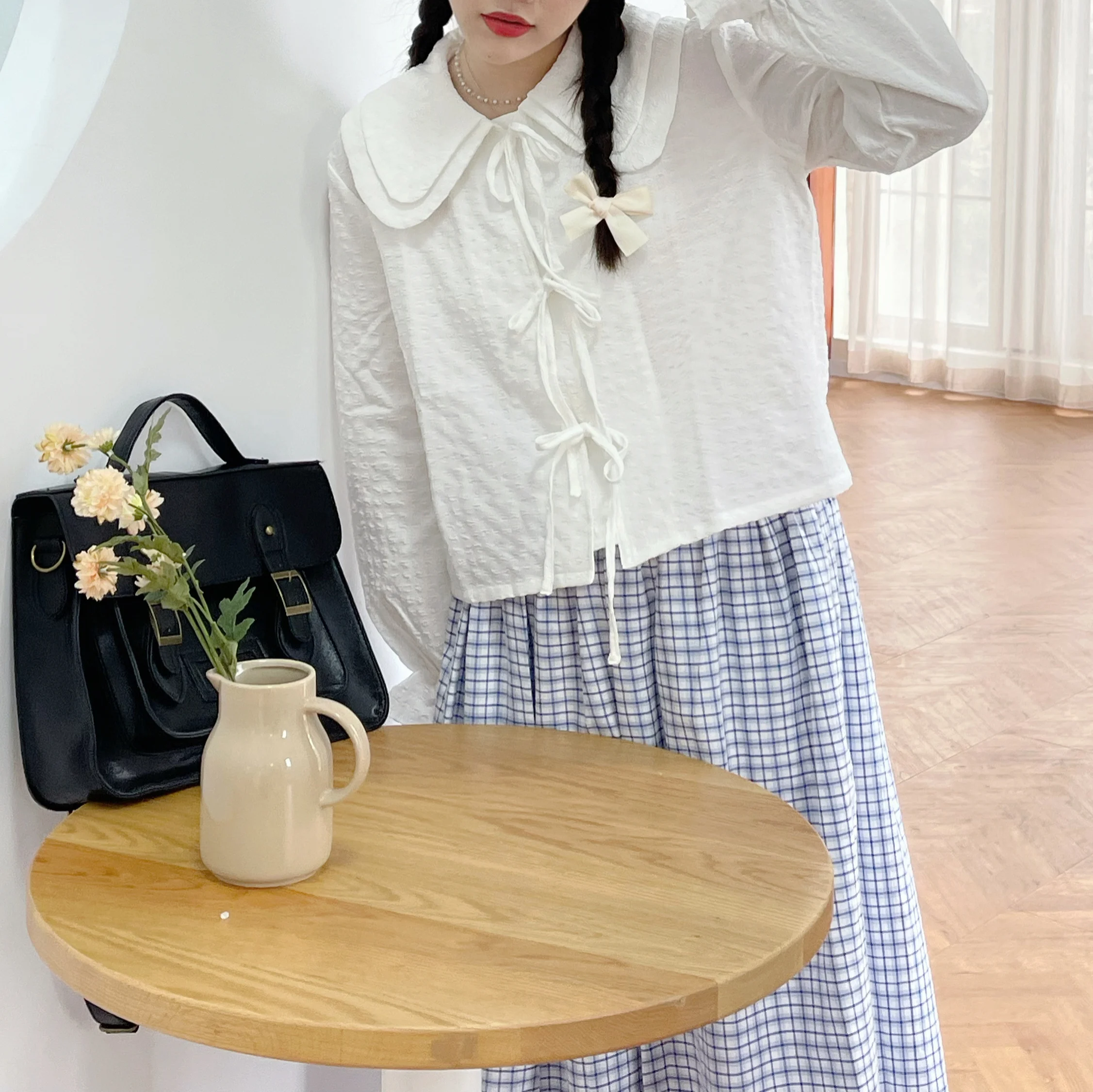 

Милая женская рубашка с двойным воротником-стойкой, рукавами-лепестками и узлом, белая, в японском стиле, свободного кроя, из хлопка, с длинными рукавами