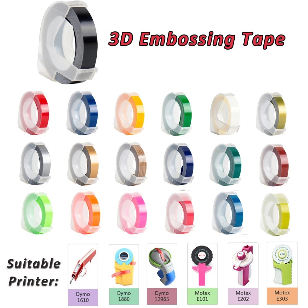 9mm 3D Embossing Label for Dymo Refill Printer Ribbon PVC LABEL Motex E101 E202 Manual Typewriter 12965 1610 Label Maker