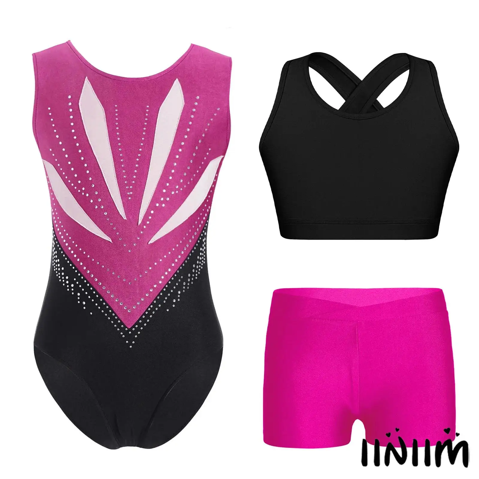

Kids Girl Ballet Dance Costume Sparkling Rhinestones Leotard with Keyhole Back Design Vest And Shorts for Gymnastics Performance