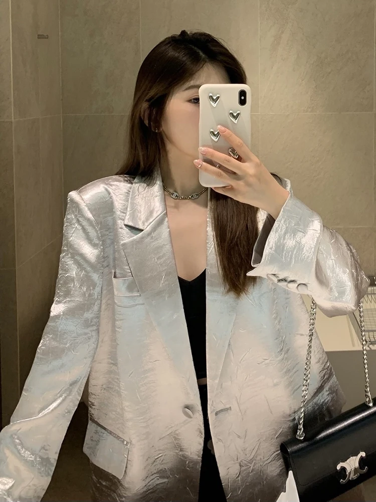 2024 Spring Autumn Silver Grey Satin Luxury Blazer Women\'s Textured Jacket High Quality Acetate Coat korean popular clothes y2k