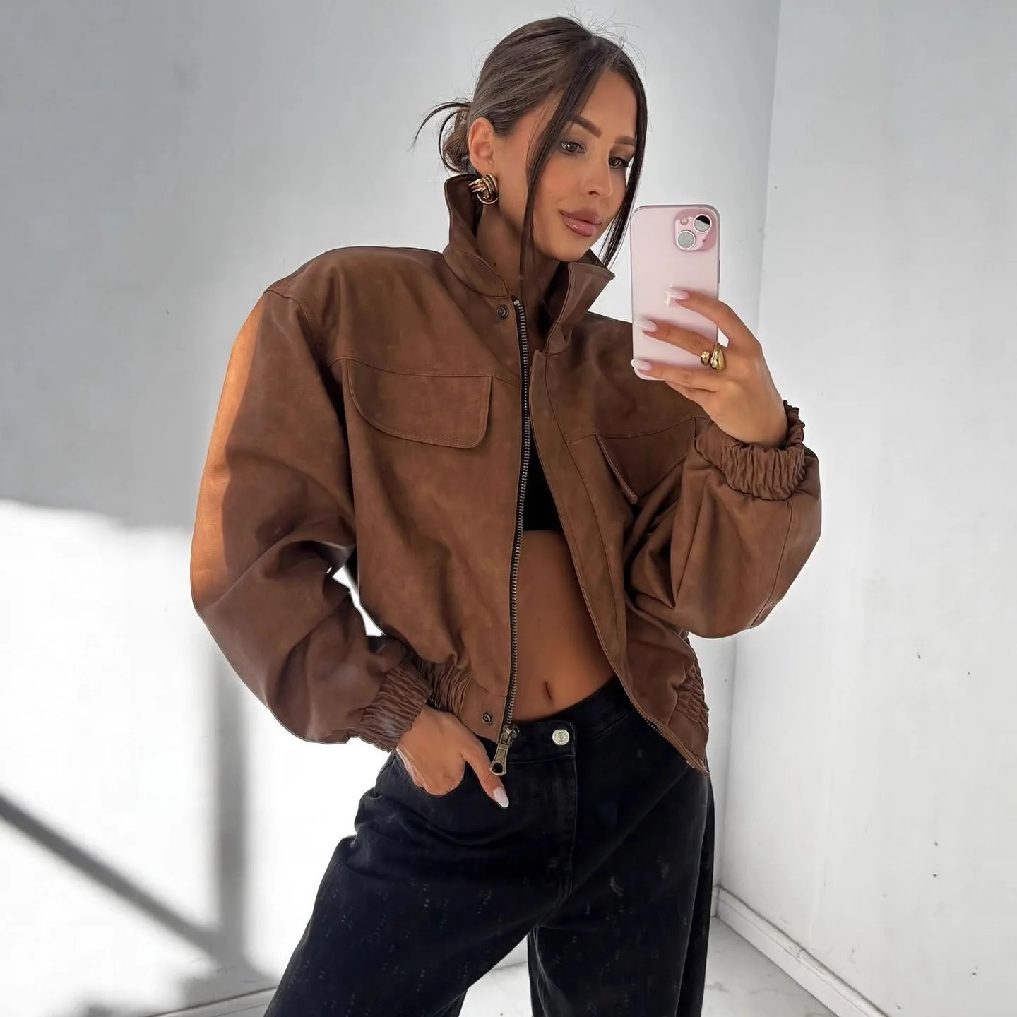 

Куртка с воротником на молнии, однотонная, из искусственной кожи, в европейском стиле, для женщин среднего возраста