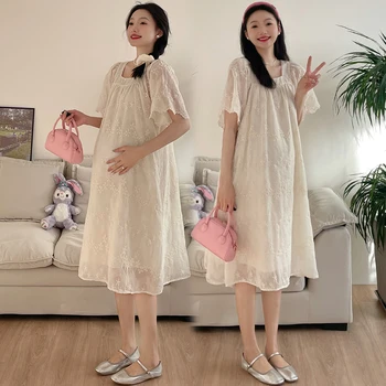 임산부용 스위트 스퀘어 칼라 자수 원피스, 얇은 패션, 출산 레이스 원피스, 안감 파티 드레스