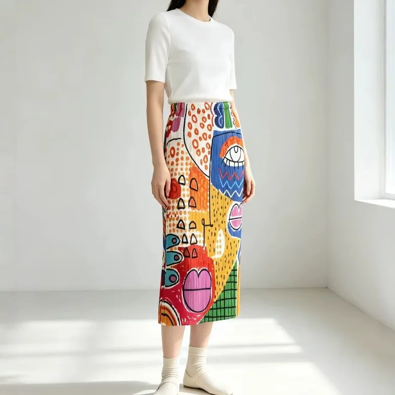Miyake Pleated Print Skirt Plisse Early Autumn 2026 New High-end Versatile Pleats Print Jupe High-waisted Draped Straight Skirt