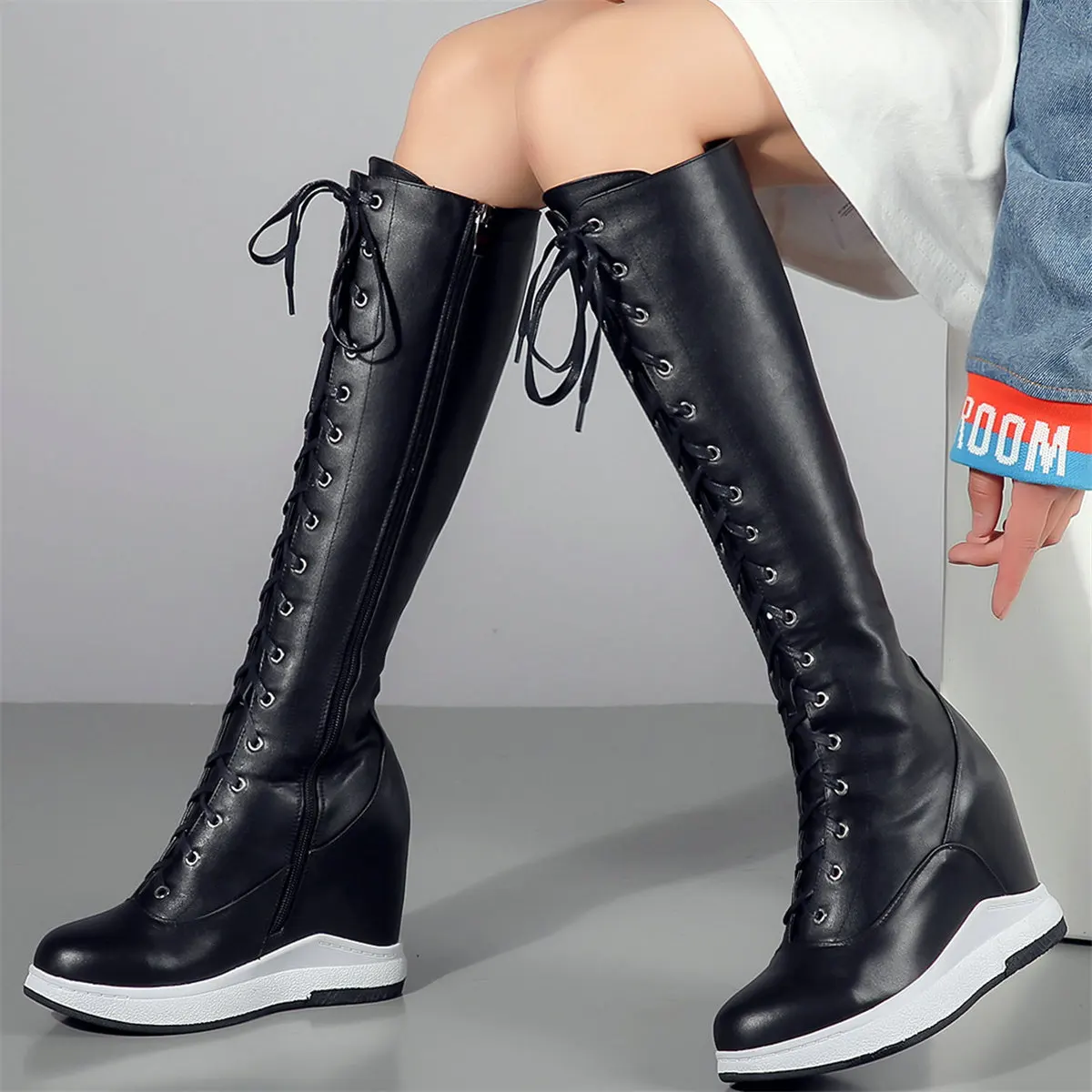 Pumps Plus Size Shoes Women Lace Up Genuine Leather Wedges Knee High Snow Boots Female Round Toe Fashion Sneakers Big Size Shoes