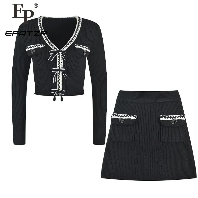 Black Bow Knitting Two-piece Set Women New 2024 New V-neck Sweet Slim Cardigan +half Skirt Suit