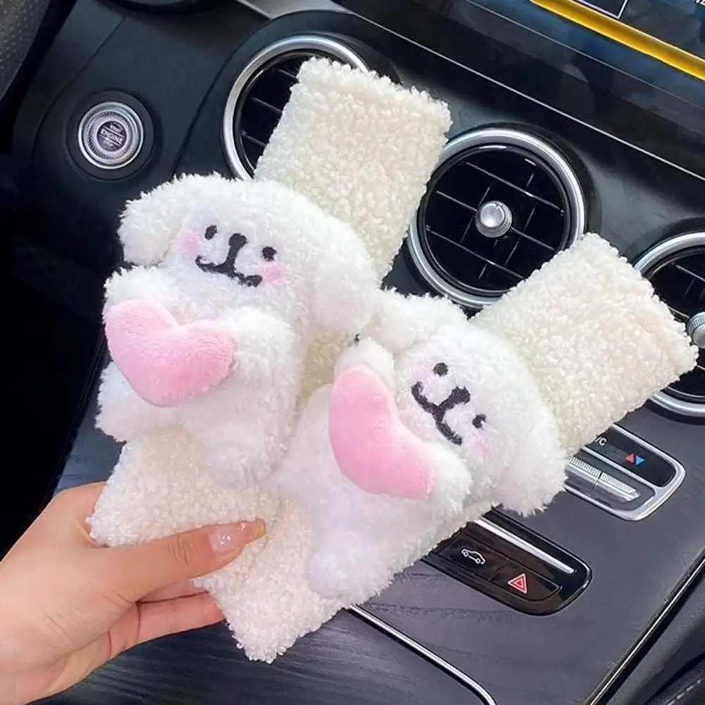 2Pcs Cartoon Dog Seat Belt Cover Pads Universal Winter Plush Fluffy Soft Seat Belt Covers Thick Plush Shoulder Pads Protectors