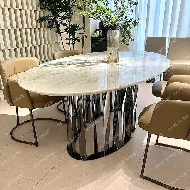 A Natural large flower white luxury stone dining table Modern simple Italian minimalist oval high-end dining table