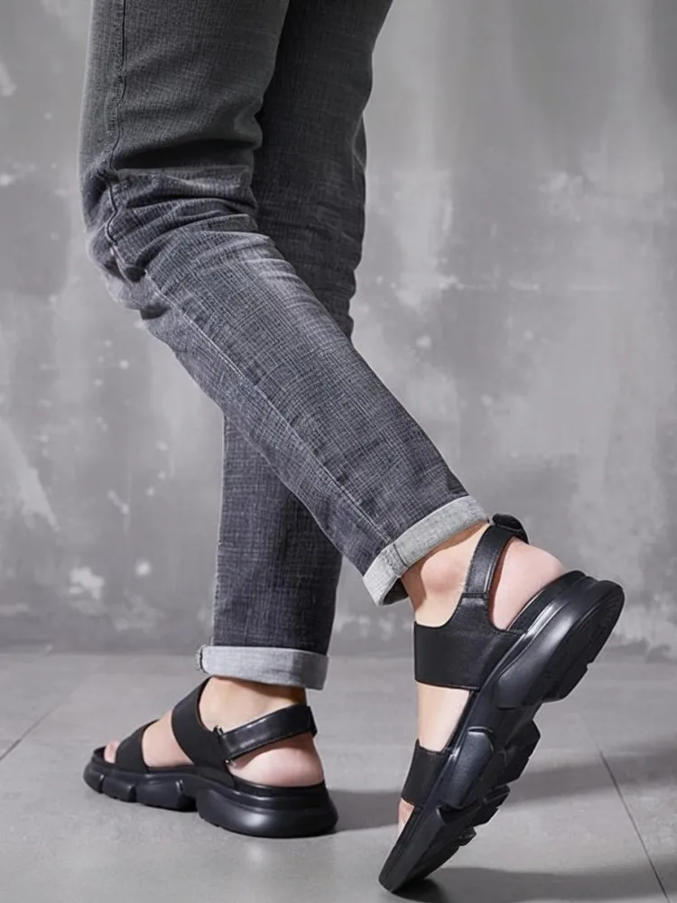 Leisure Men Cowhide Open Toe Platform Wearing Outside Gladiator Shoes Genuine Leather Breathable Hook Loop Beach Sandals