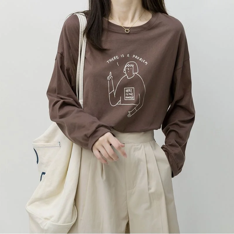 

Women's New Long-sleeved T-shirt Spliced loose Autumn Printed Top Round Neck Versatile Bottoming Shirt