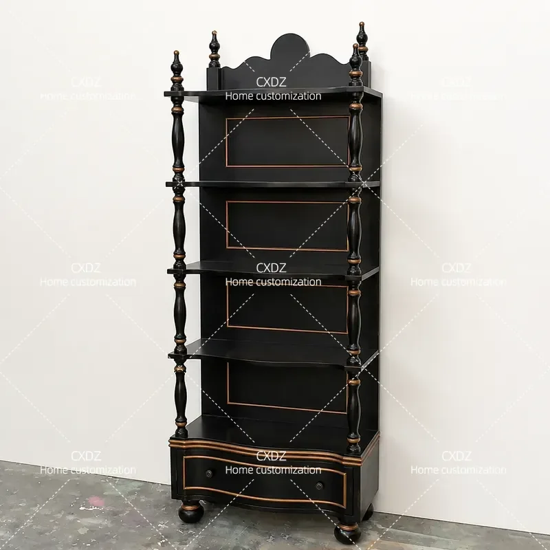 Retro Multi Layer Floor Bookcase Living Room Red Wine Storage Display Cabinet Neoclassical Bookshelf