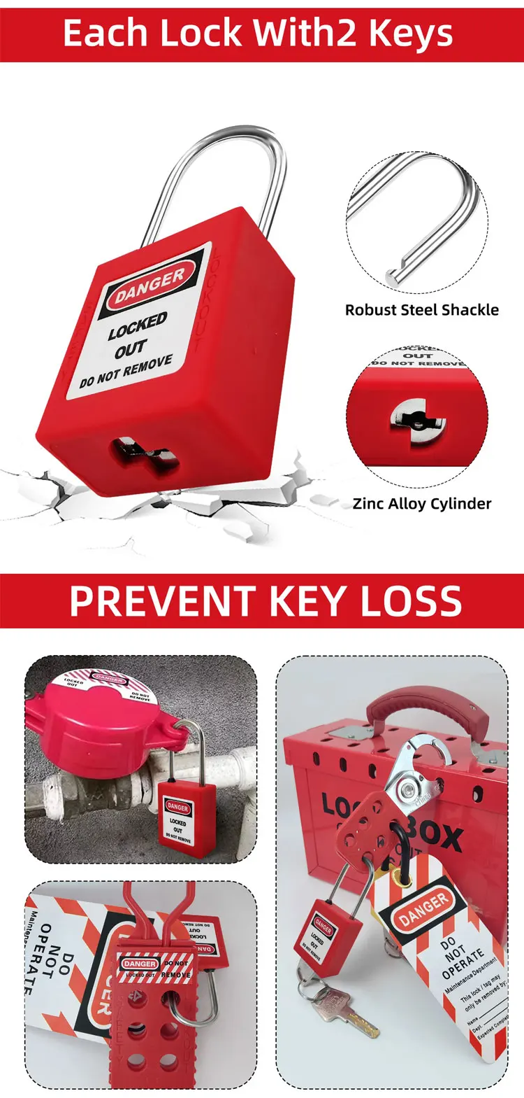 5 Stück Lockout/Tagout-Stahl-Vorhängeschlösser für Industrie und Sicherheit in Rot, Gelb, Grün, Schwarz, Blau, Mini-Vorhängeschloss mit 2 Schlüsseln – Detail 3