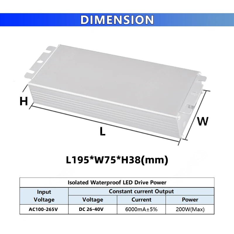 Trasformatore di illuminazione IP66 impermeabile corrente costante alimentatore LED Drive guscio in alluminio convertitore AC/DV 26V-40V 6000mA 200W