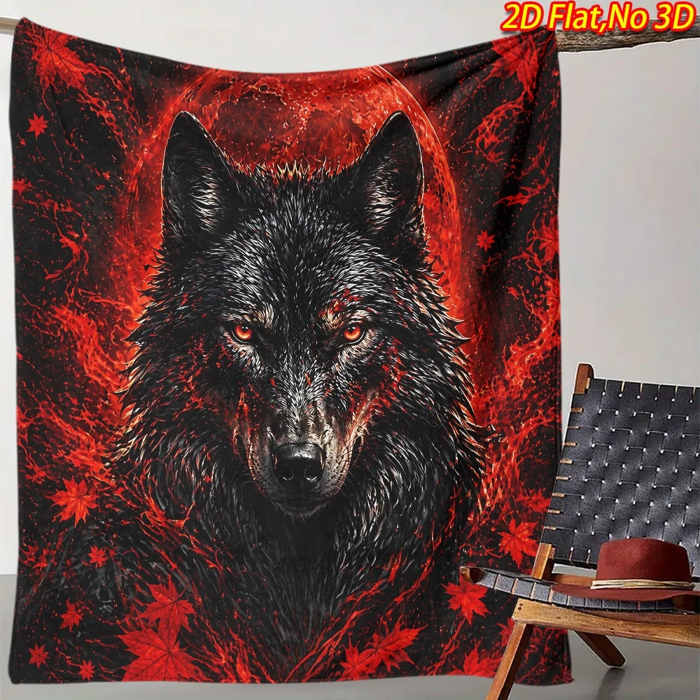 Red Blood Moon Black Wolf Flannel Blanket, Fiery Red Eyed Wolf Red Maple Leaf Splash Print Soft ThrowvBedroom Sofa Travel Gothic
