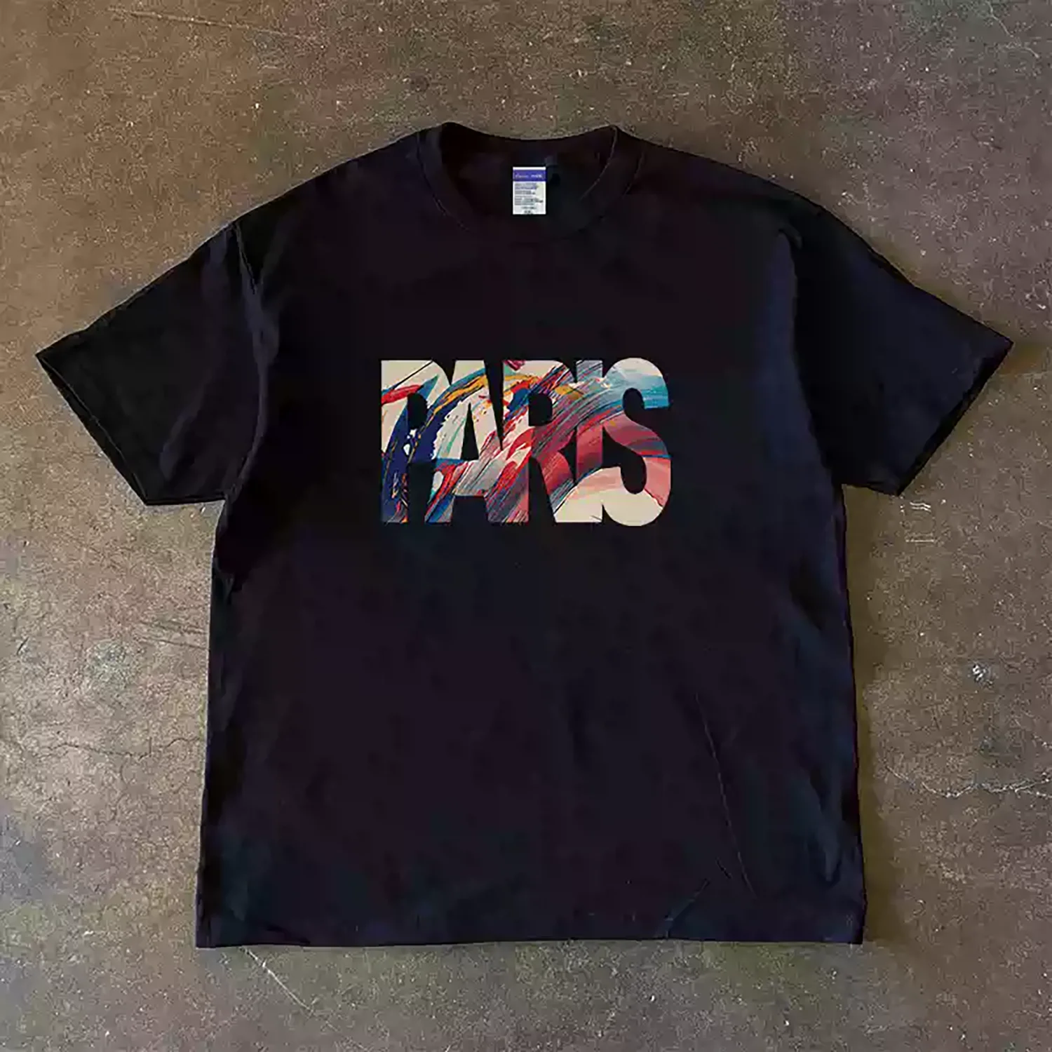 Men's Vintage Paint Brush Stroke Typography Graphic T-Shirt, Multicolor Abstract Oil Painting Texture Letter Print Crew Neck Loose Casual Streetwear Washed Cotton Short Sleeve Tee.
