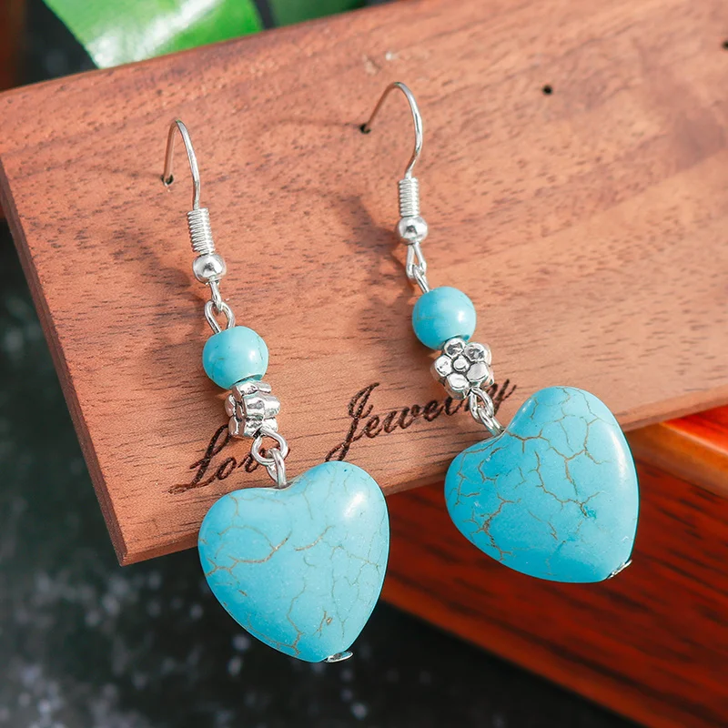 Aihua Maxi Bohemian Naturstein-Perlen Blumen Große Herzen Ohrhänger für Damen Schmuck Vintage Tibet Silberfarben – Detail 6