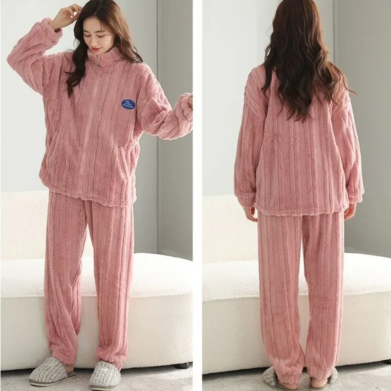 2024 Coral Fleece Pajamas Women's Autumn Winter Sleepwear Fleece Thick Zipper Warm Homewear Flannel Long Sleeve Loungewear