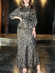 Kobiety Eid Muzułmańskie zestawy Leopard Print Koszula i spódnice z paskiem Zestawy spódnic z falbankami Dwa części Slim Ramadan Seksowne pośladki