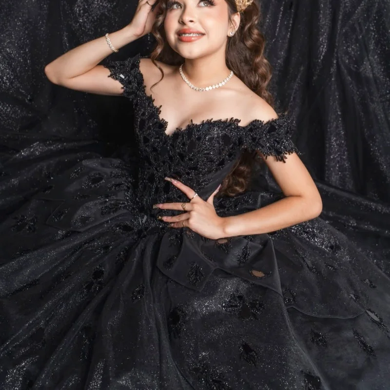 Shiny Black Quinceanera Dress Crystal 3D Flower Decal Long Tail off-shoulder Tull Layering Vestidos De 15 Quinceanera ﻿Customize