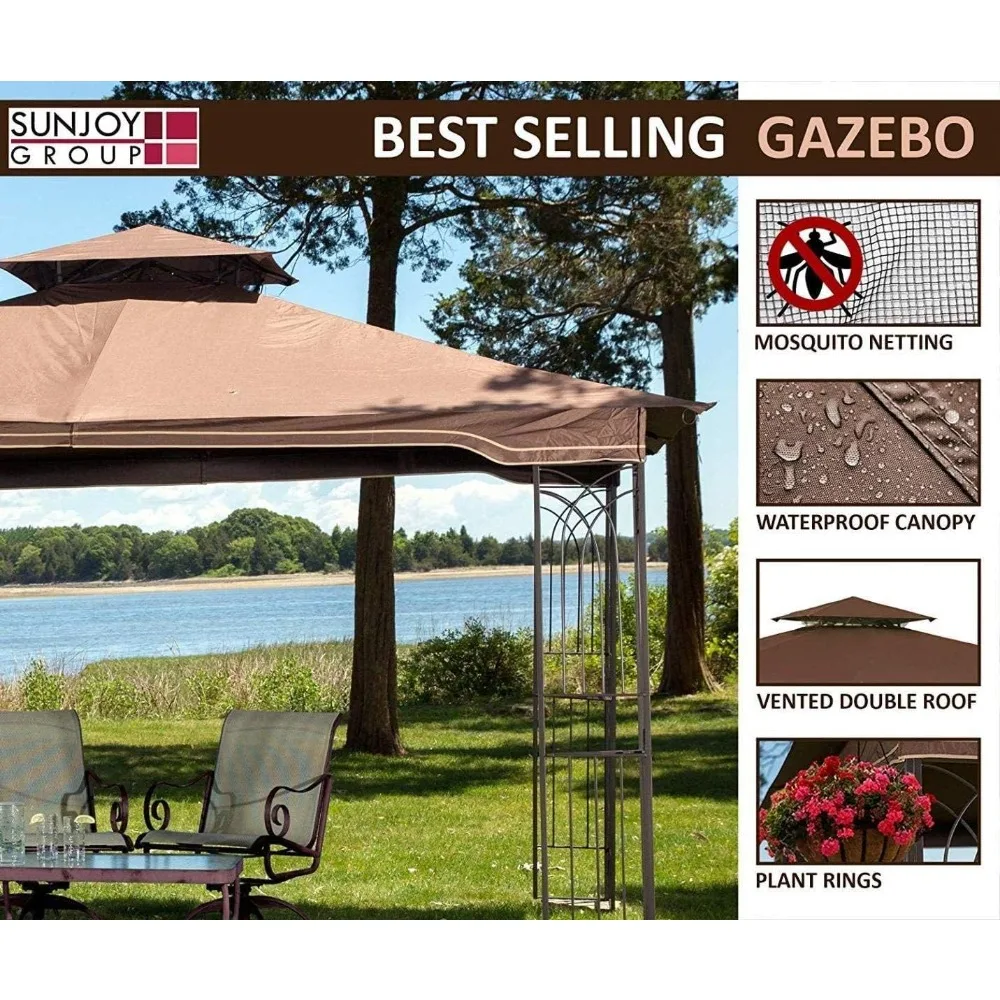 10x12 Gazebo with Mosquito Netting, Plant Rings, Corner Shelves, Ground Stakes and Center Hook, Durable and weather-resistant