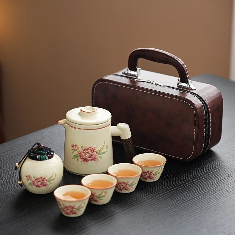 

Luxury Office Peony Quick-Drink Cup with Detachable Pieces, Vintage Exquisite Tea Set for Outdoor Business Use