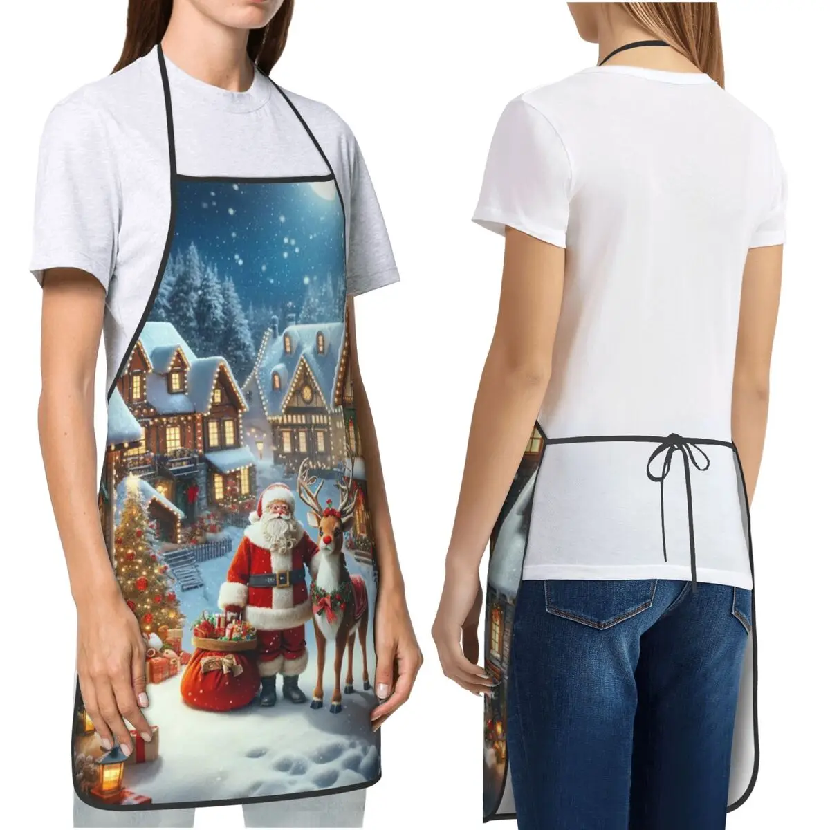 Christmas Santa Claus Snow Village Apron Chef Cooking Baking Tablier Bib Kitchen Cleaning Pinafore for Women Men Gardening
