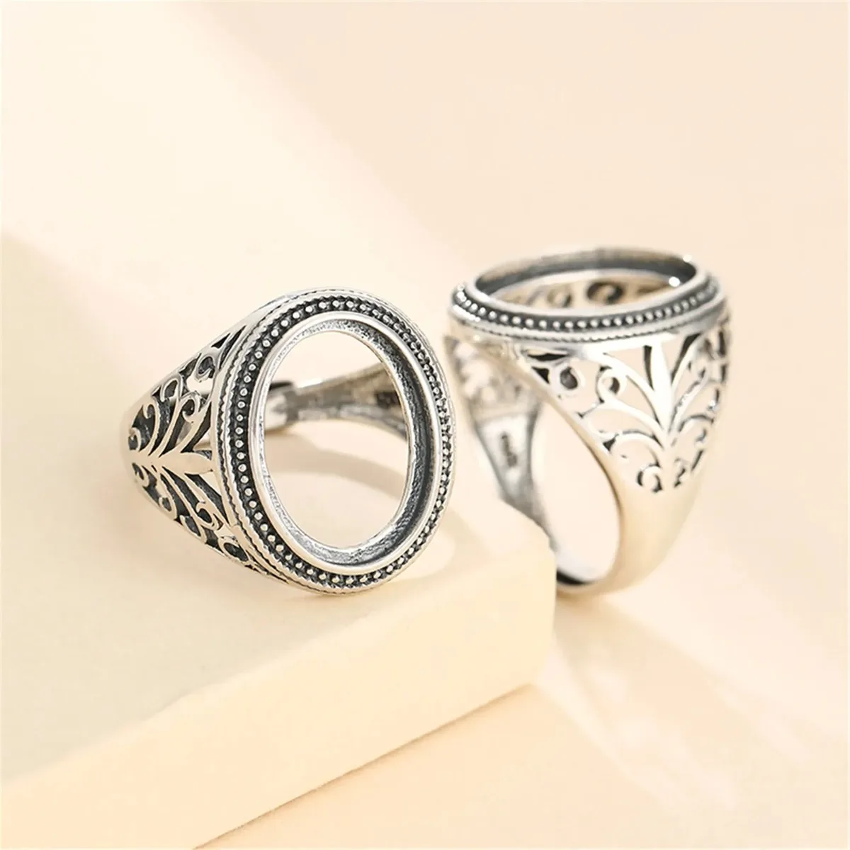 

Antique Style 925 Silver Adjustable Ring Setting for 13x18mm Oval Cabochon