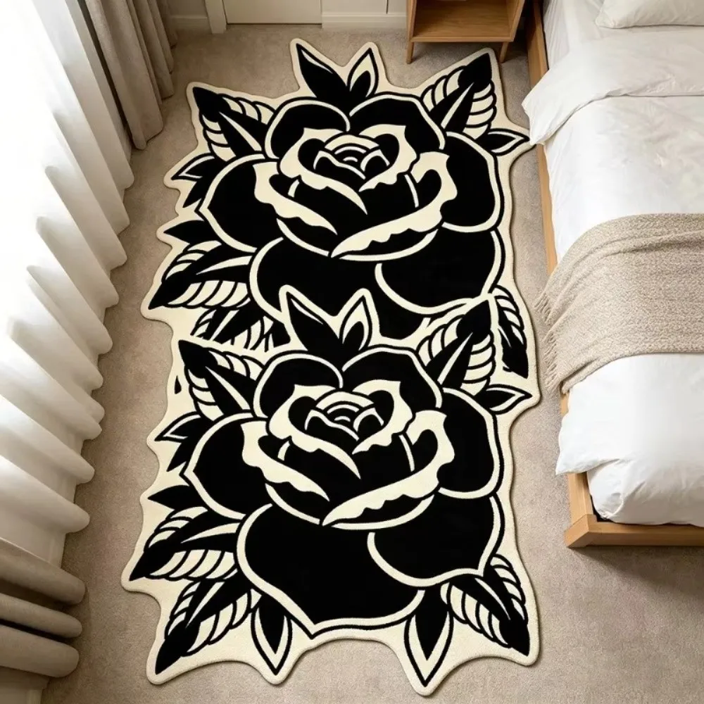 Fashion Black White Color Rose-Shaped Area Rug Non-Slip Comfortable Living Room Carpet Soft Fluffy Bedroom Floor Mat Home Decor