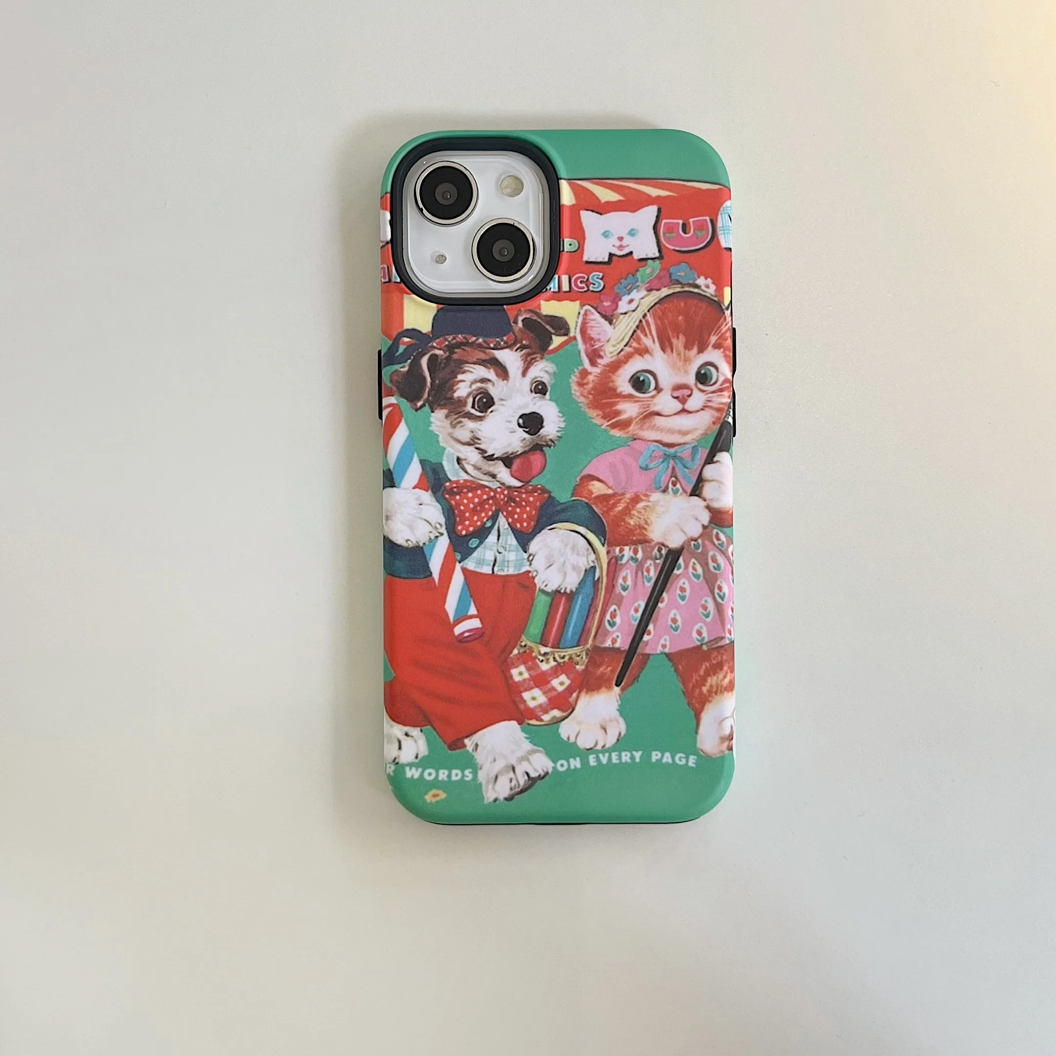 Vintage INS Cartoon Dog & Cat 2-in-1 Retro Phone Case for iPhone 14 13 Pro Max Back Phone Cover for 12 11 Pro Max Capa