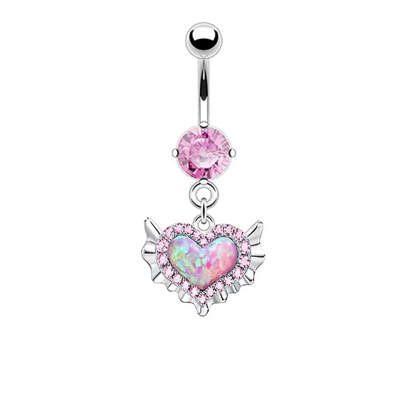 Pink Navel Belly Button Rings Women Opal Heart Nose Clip Lip Labret Piercing Helix Screw Earring Stud Cartilage Conch Piercing