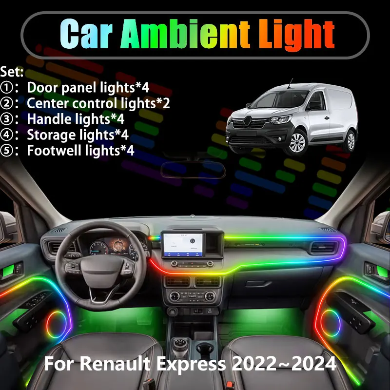 

For Renault Express 2022~2024 Kangoo 2023 2/18 in 1 Car ambient lighting Led trunk interior led lights USB RGB Ensemble Streamer