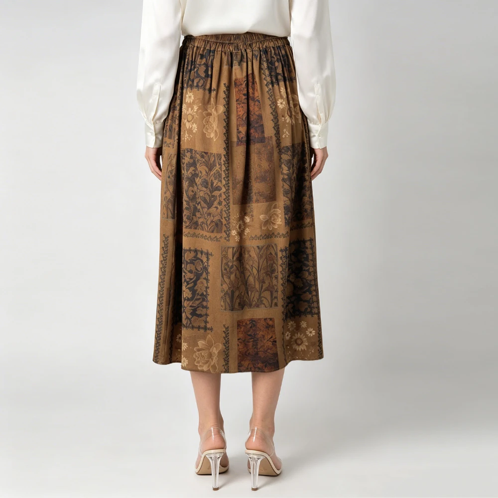2026 Women's Fashion Summer New 95% Natural Mulberry Silk Elastic Satin Classical Printed Elastic Waist Pocket Design Skirt