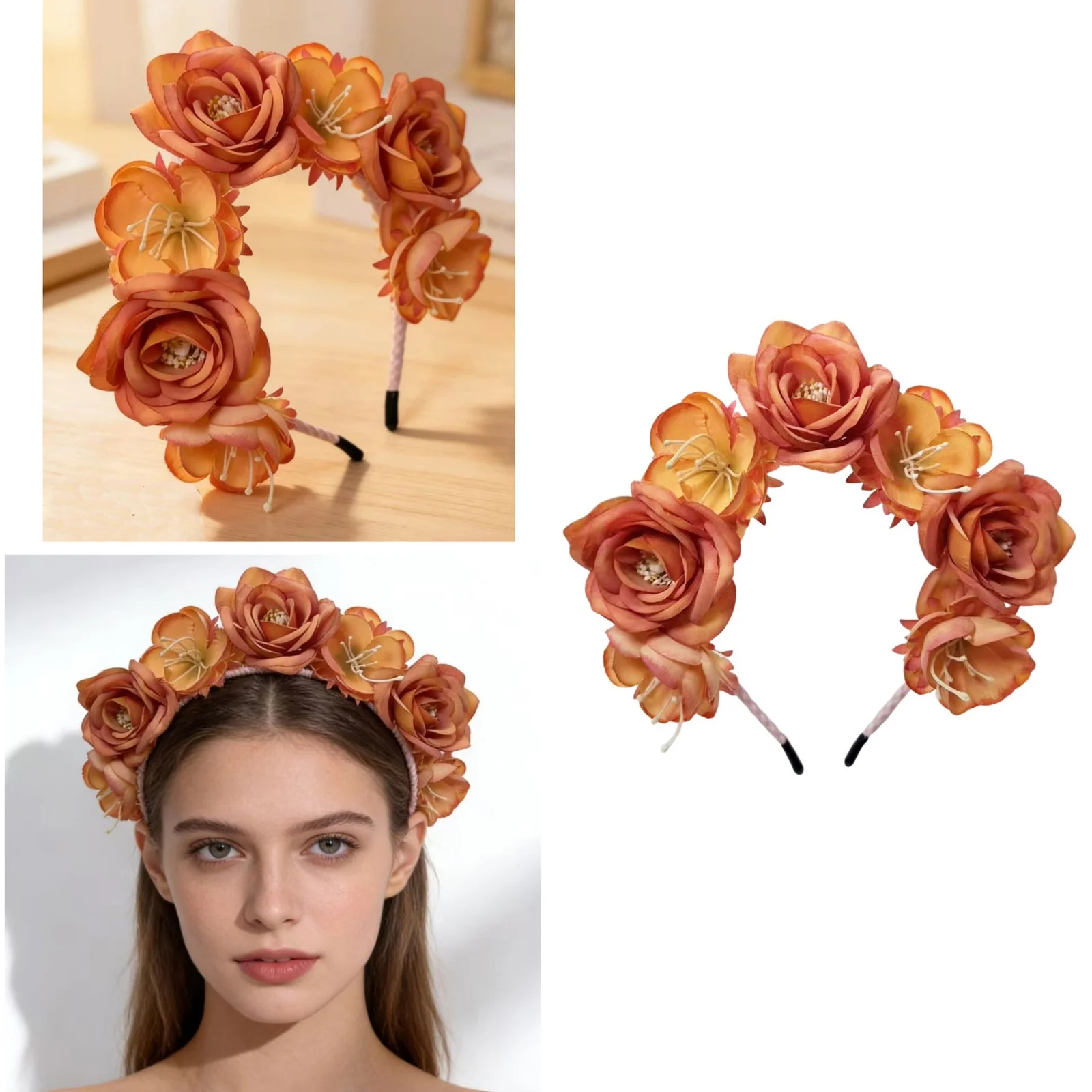 1PC Bohemian Flower Crown Headband, Dusty Rose Floral Hair Hoop For Wedding, Outdoor Garden Party, Bridal Photo Shoot Hair