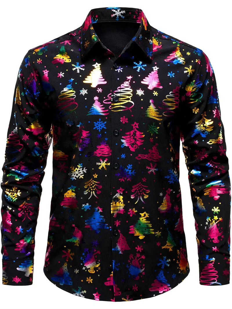 New Christmas Snowflake Multi Color Christmas Men's Shirt Long Sleeve Formal Casual Shirt Men's Party Shirt Top