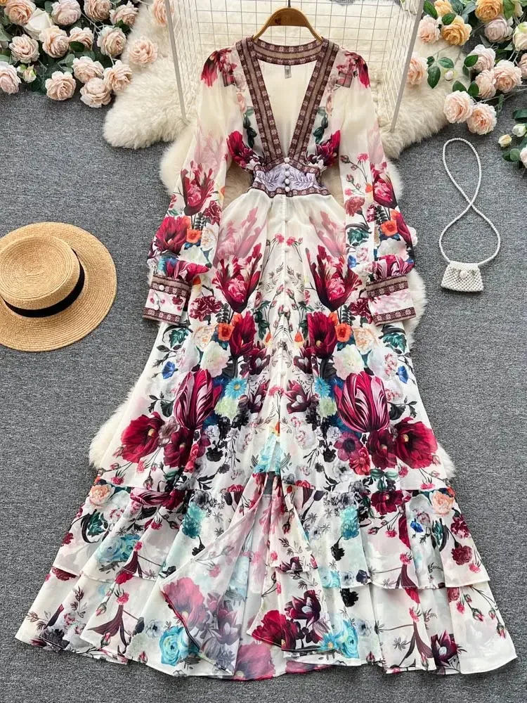 

2024 Fashion Runway Gorgeous Flower Chiffon Cascading Ruffles Dress Women Deep V Neck Long Sleeve Floral Print Boho Robe Vestido