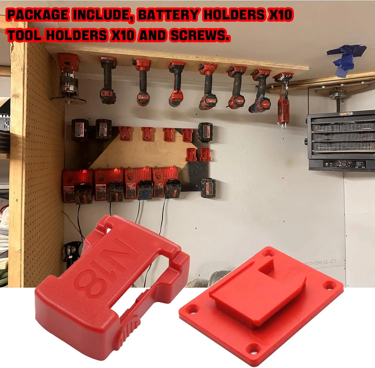 Imagem -04 - Suporte de Ferramentas de Bateria para Milwaukee M18 18v Suporte de Bateria para Montagem na Parede Ferramenta de Broca Vermelha Suporte m8 com Parafusos