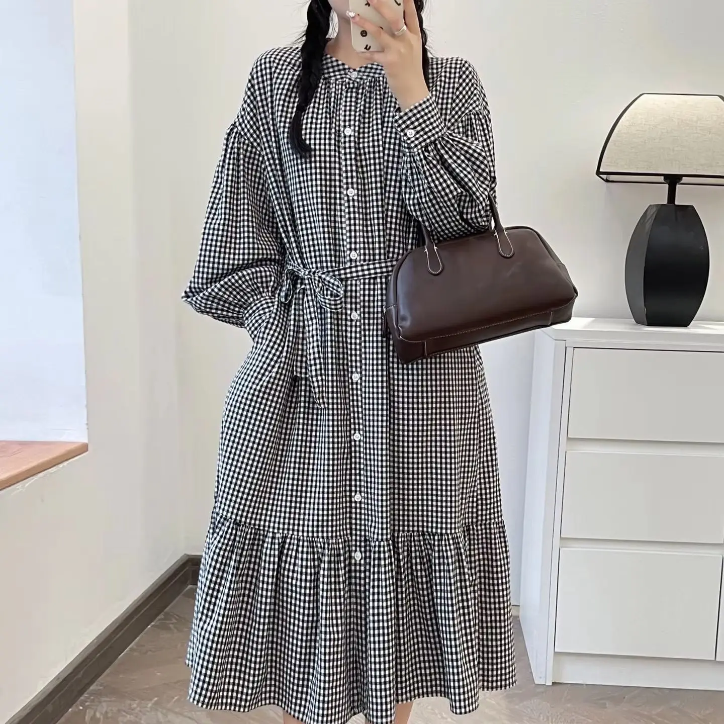 Fall clothes 2024 women Japan style long sleeve blue black plaid dress single-breasted checkered dress plus size women clothing