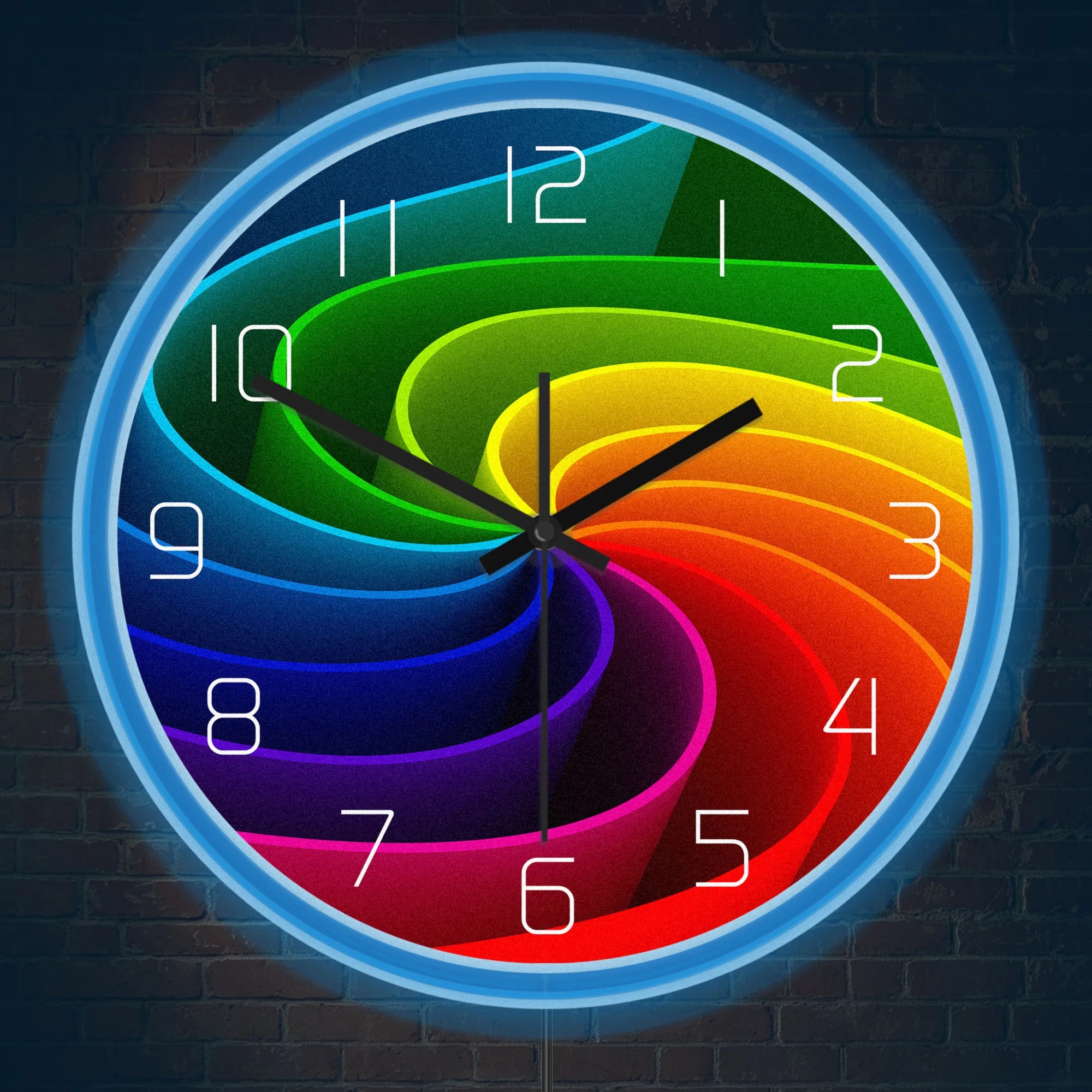 Abstract Rainbow Swirl Neon Wall Clock for Bedroom Living Room Colorful Tunnel Spiral Vortex Luminous Night Light Glow in Dark
