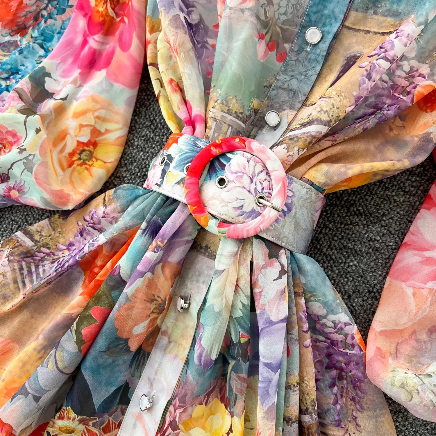 Summer Holiday Flower Boho Robe Dress Women's Lapel Lantern Sleeve Belt A-Line Beach Party Vestido Pearl Buttons Up Maxi Clothes