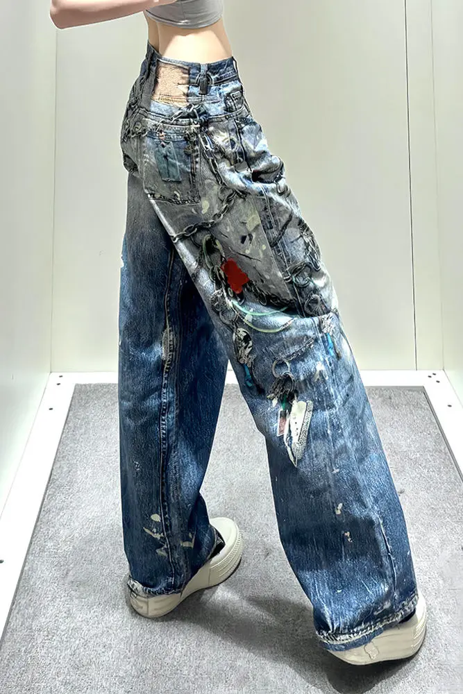 

American Plus Size Statement Chain Denim Pants for Women High Street Style Digital Print Baggy Floor Length Jeans Bold Fashion