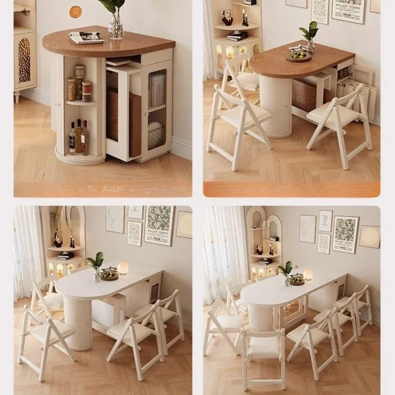 

Cream wind slate, retractable dining table, small apartment round household solid wood, foldable dual-purpose space-saving