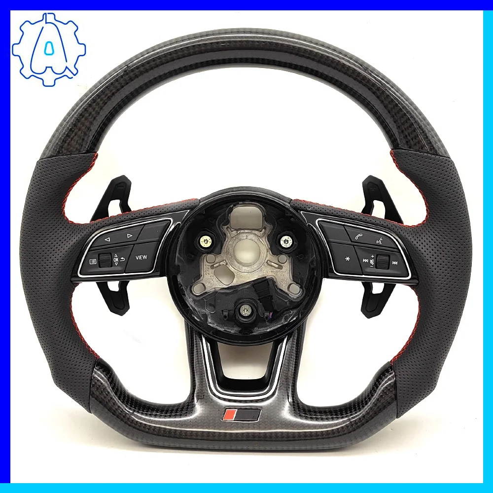

For Audi A4 B9 A5 carbon fiber perforated leather with red stitching sport steering wheel with paddle shifters, Car Accessories