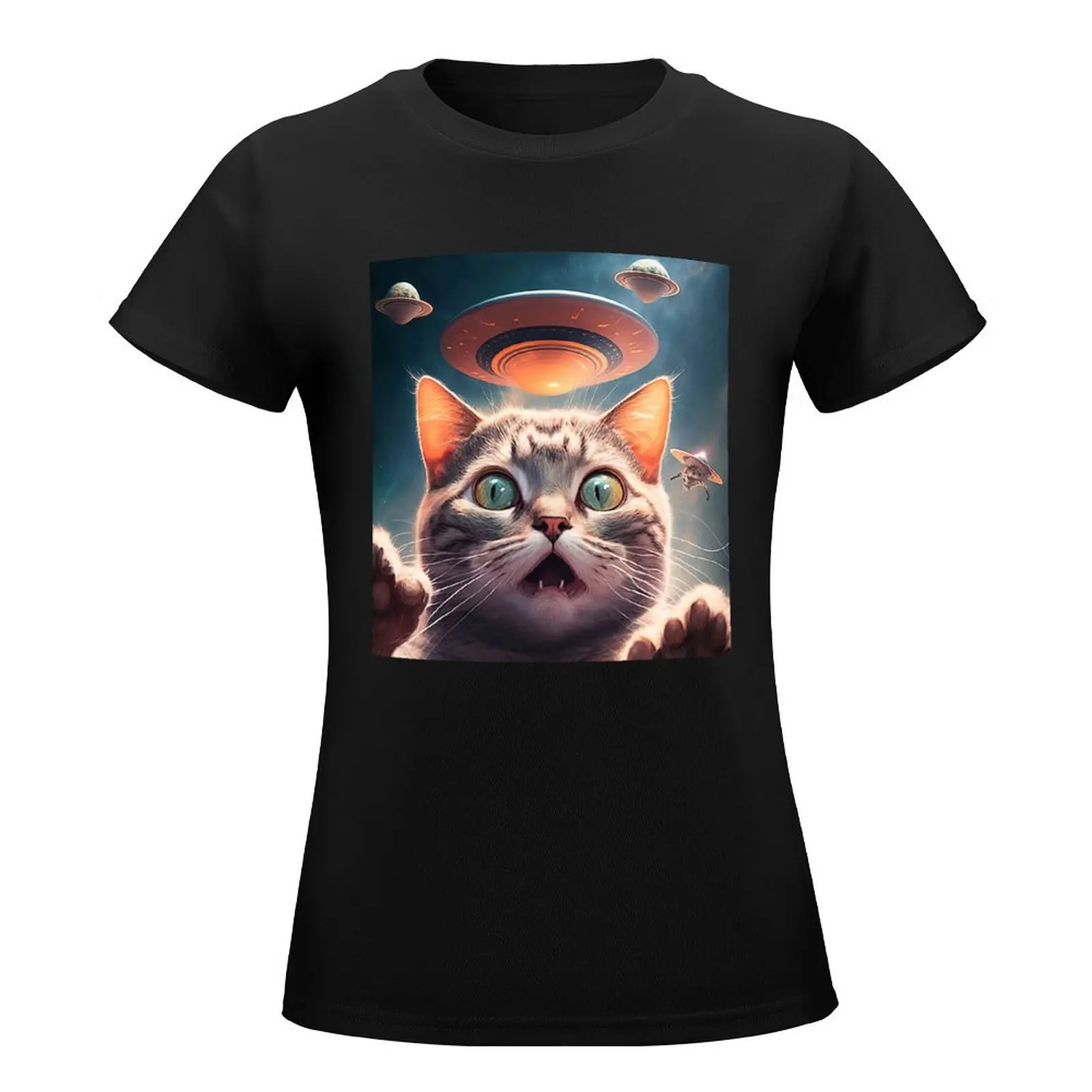 Cute Cat Face Funny Cat taking a selfie with UFO Multicolored Drawing Painting T-Shirt korean fashion vintage clothes for woman