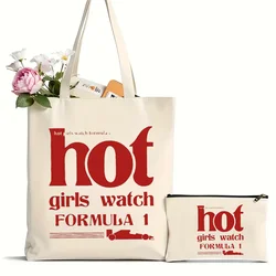 2Pcs Letter Hot Girls Watch Formula 1 Pattern Tote Bag, Casual Canvas Shoulder Bag, Shopping Bag Carrier Bag