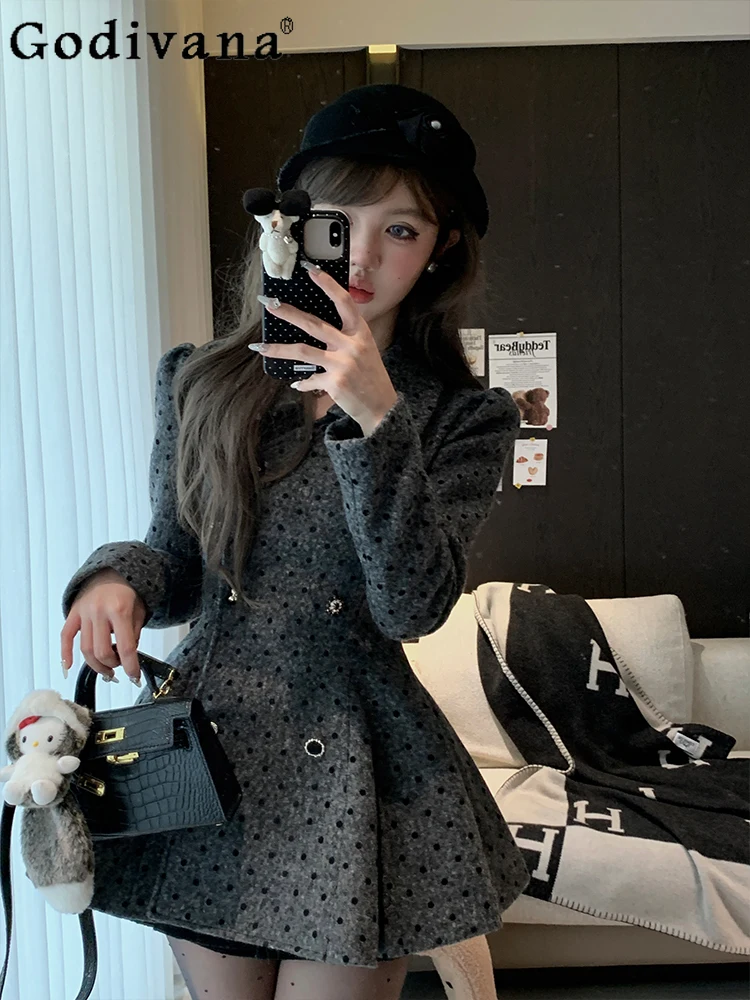 شتاء جديد النمط الفرنسي الأميرة الراقية الأسود البولكا نقطة معطف منتصف طول الخصر مقصوص معطف الصوف للنساء #1