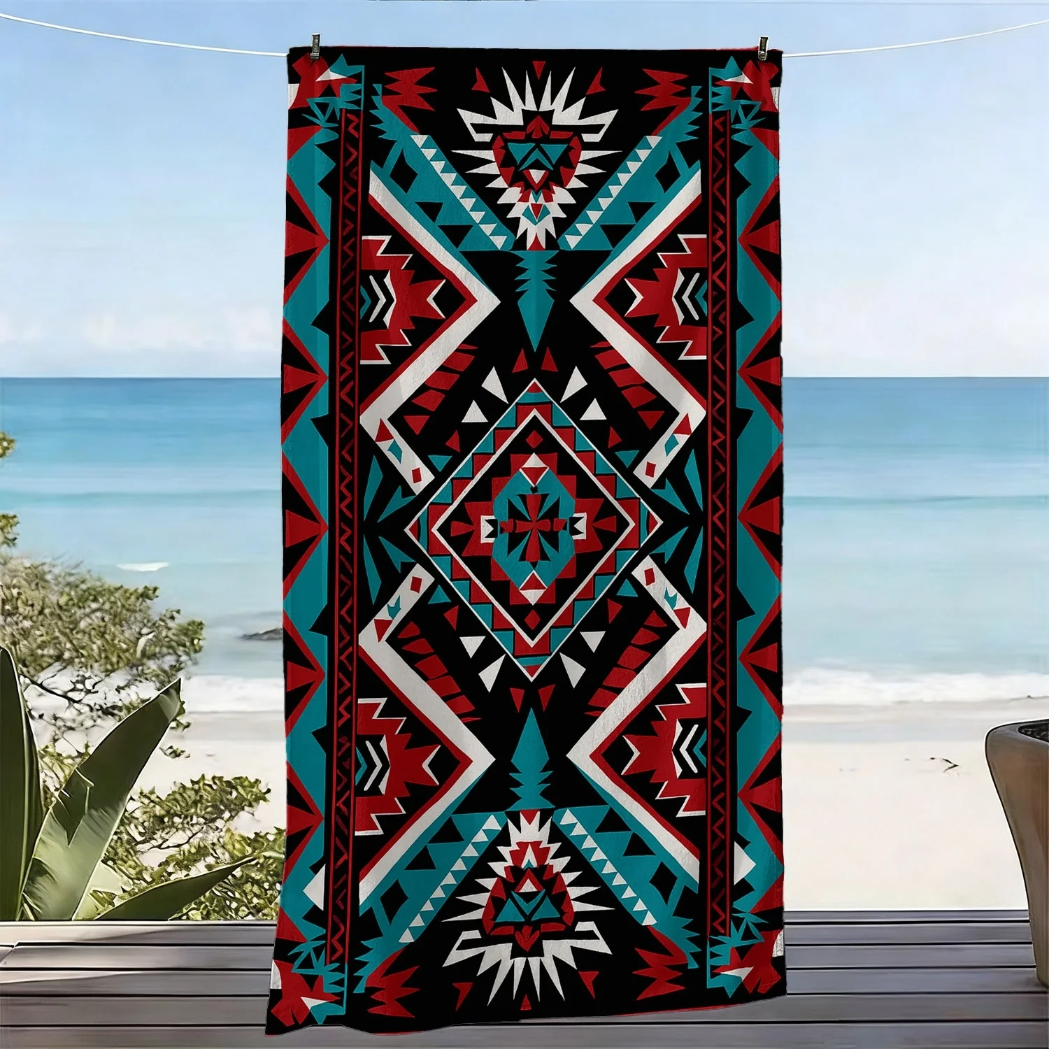1pc Ethnic Style Large Soft Beach Towel | Geometric Print, Quick-Dry, Super Absorbent Microfiber, Ideal for Beach Vacations