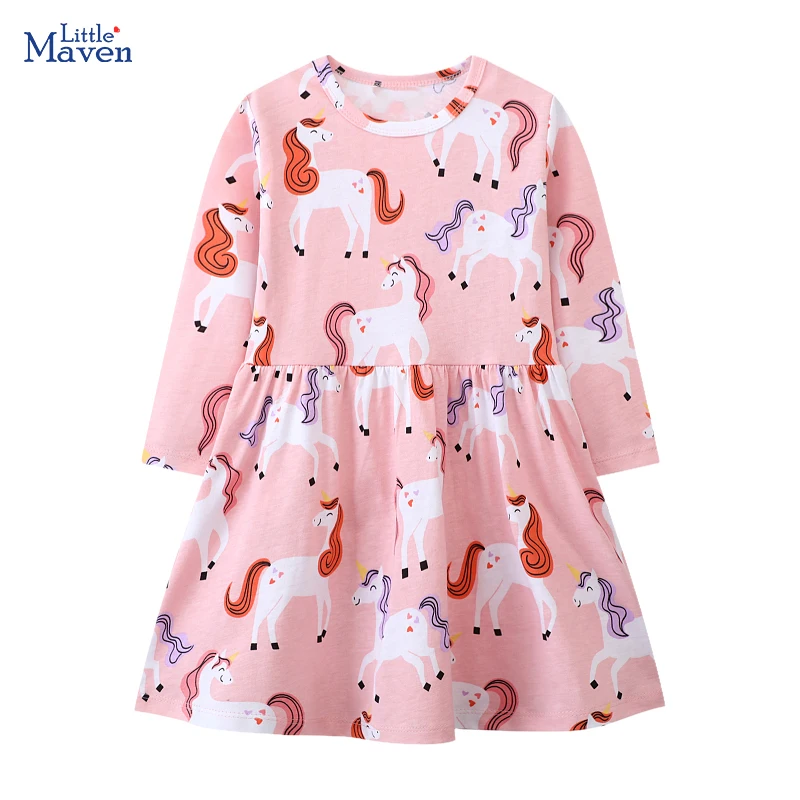 Kleine Maven Kinderkleding Baby Meisjes 2024 Herfst Lente Kinderkleding Katoen Lange Mouwen Cartoon Eenhoorn Roze Jurken