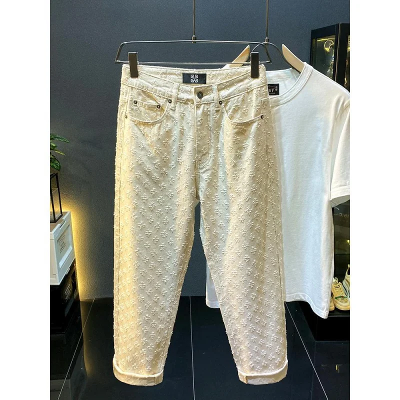 2024 NEW American High Street White Jeans Men's Street Tide Brand Pu Handsome High-Grade Loose Straight Y2K Long Pants
