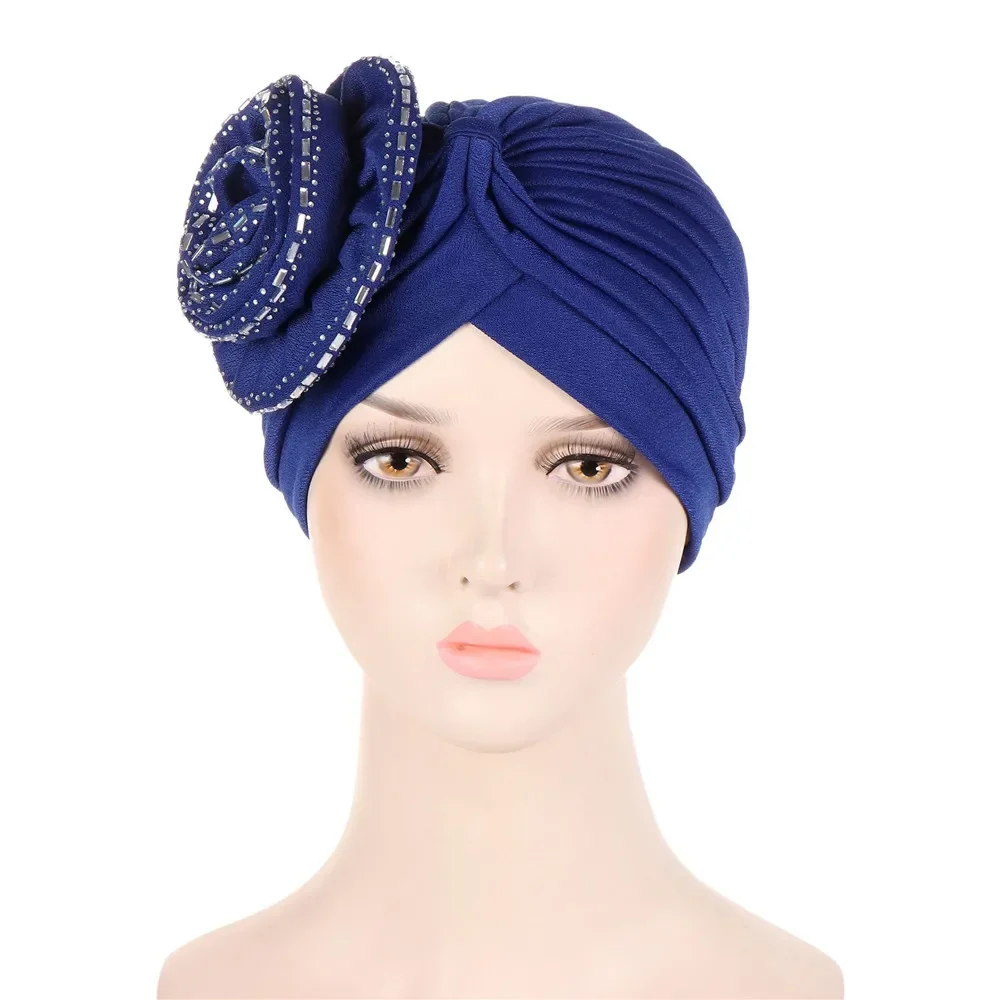 

Big Flower Women Muslim Hijab With Diamonds Bonnet Chemo Cap Pleated Islamic Arab Hair Loss Hat India Turban Headwrap Head Scarf